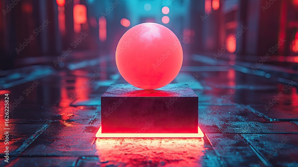 Poster pink sphere on illuminated block in futuristic scene