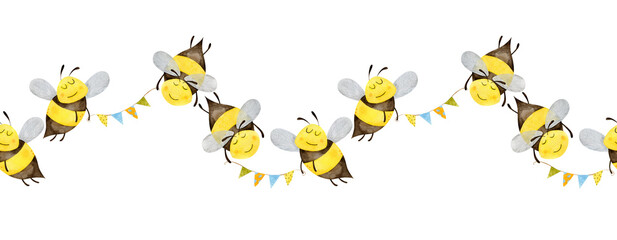 Cute bees holding a festive garland. Seamless border Isolated on white background. Watercolor illustration for children textile design, fabric, wallpaper, kids clothes.