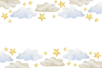 Watercolor illustrations clouds and stars. Frame in vintage pastel color. Horizontal template for design newborn cards, invitations to birth baby, posters, holiday, wallpaper, printing, packaging.