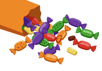 Colorful candies spilling out of orange bag on transparent background  