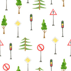 Pattern road signs, traffic lights, trees and fir tree. Watercolor illustration hand drawn in cartoon style. Seamless print children on background for fabric design, packaging, wallpaper, fabric.