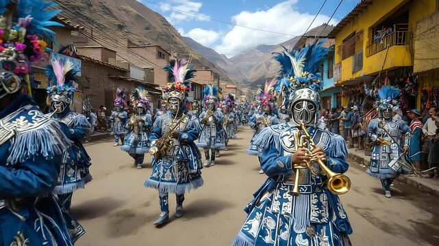An atmospheric view of a small town in Peru during Fiesta de la Virgen del Carmen (mid-July)