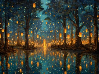 Immersive Cosmic Forest at Night With Bioluminescent Lanterns