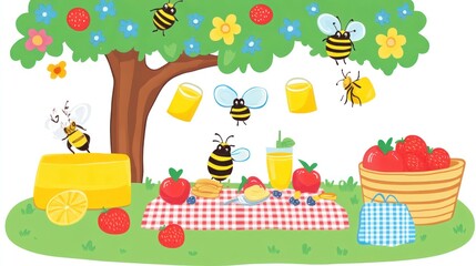 Bees enjoying a picnic under a tree laden with flowers and fruit
