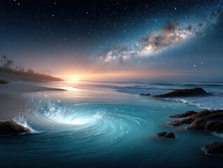A black hole silhouette distorts the ocean view at sunset, reflecting the night sky and milky way in this 4 giixel standard surreal beach landscape.