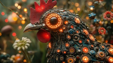 Naklejka premium Steampunk Style Rooster Sculpture with Lighted Eyes