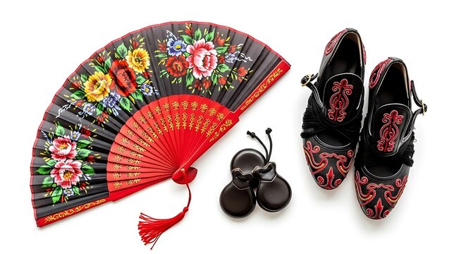 Elegant Flamenco Essentials: Hand Fan, Castanets, and Shoes for Traditional Dance