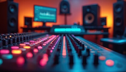 Modern music studio setup with mixing console in foreground, featuring colorful illuminated faders, knobs. Background displays studio monitors, computer screen with audio waveform, ambient lighting,