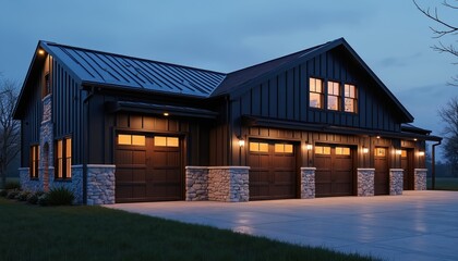 Modern farmhouse garage features dark metal siding, stone accents, multiple wood-paneled doors. Warm exterior lighting illuminates structure at dusk, creating inviting, tranquil ambiance for