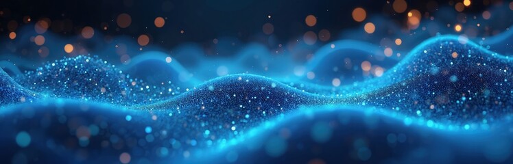 Abstract blue wave with glowing particles and futuristic HUD interface elements. High-tech digital background with light bokeh effects, suggesting advanced technology and data flow.