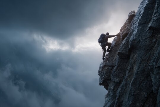 Mountain climber scaling a rugged peak under dramatic cloudy skies at dusk