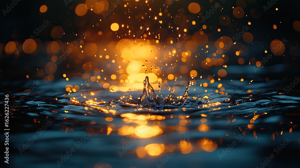 Poster water drop splash with golden bokeh background