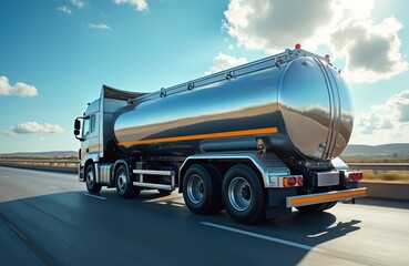 Plakat Chrome tanker truck drives on highway hauling oil products for fuel delivery, logistics. Compressed gas carrier represents cargo industry, vital for distribution, supply chain operations on