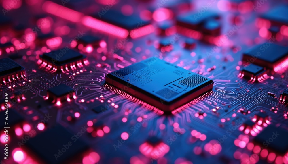 Poster close-up of advanced computer circuitry with neon pink lights illuminating microchips, processors. d