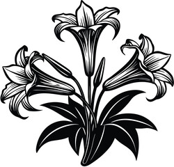 Black and white lily floral pattern vector illustration with ornate vintage leaf design