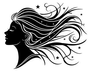 Elegant woman profile silhouette with flowing hair and stars