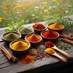 Various spices and herbs arranged on a wooden table.
