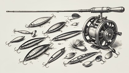 Collection of Vintage Fishing Lures and Reel in a Detailed Monochrome Illustration