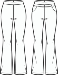 Bootcut pants technical flat vector front and back view, cad fashion sketch, stylish trouser design illustration for garment production