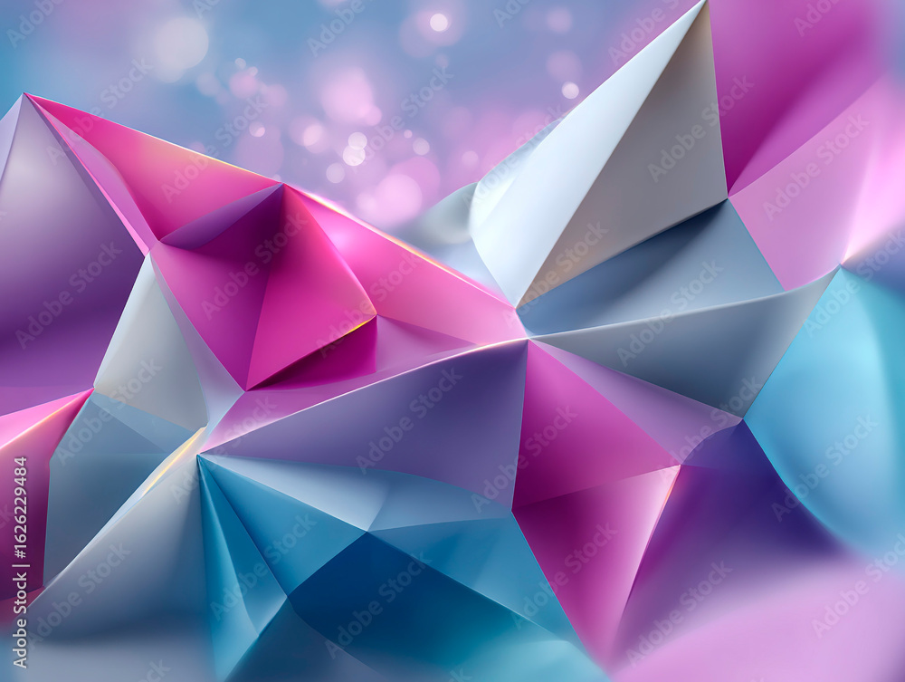 Poster abstract geometric background with sharp triangular shapes in vibrant pink, blue and purple tones wi