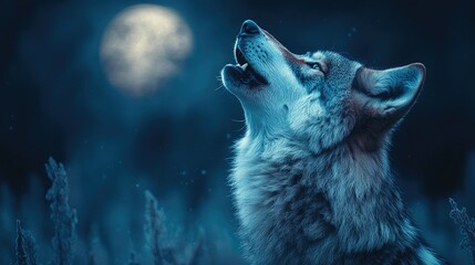 Majestic Wolf Howling at Moon in Eerie Blue Night