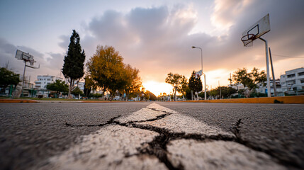 Cracked asphalt road towards dusk basketball courts