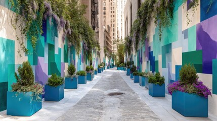 Colorful urban alleyway lined with vibrant murals and planters.