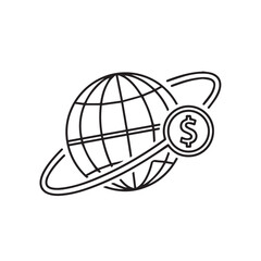 A line icon of a dollar coin orbiting a globe, representing global finance and international economy.