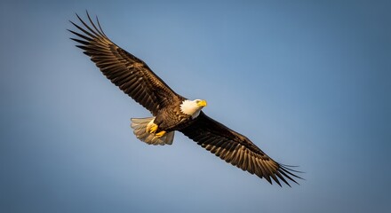 Fototapeta premium A majestic bald eagle soars through a serene blue sky, its powerful wings spread wide in flight.