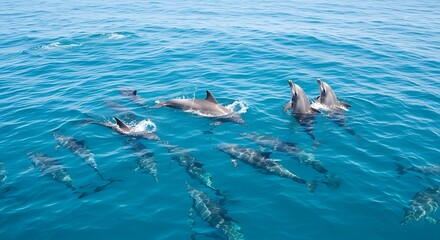 Obraz premium A Captivating Gathering of Dolphins Swimming in the Azure Waters of the Ocean, Beautiful Marine