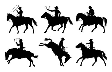 Cowboy lassoing horse silhouette collection rodeo