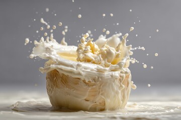 Cream splashing out from a wooden bowl during a culinary experiment in a kitchen setting
