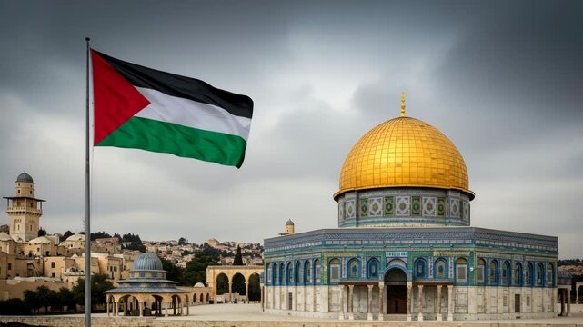 "Dome of the Rock with Palestinian Flag in Jerusalem under Cloudy Sky"