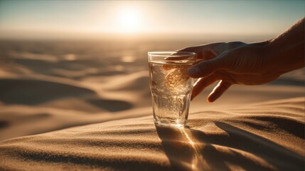 Hand reaching for a glass of water in the desert during sunset