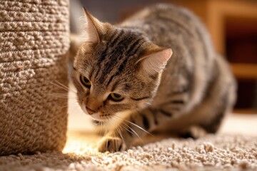 Cat exploring carpet while playing near scratching post in a cozy indoor setting