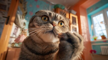 Curious cat examines its surroundings in a cozy indoor setting during a sunny afternoon
