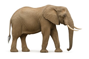 Fototapeta premium Full-length side profile of a majestic African elephant with large tusks walking, isolated on a clean white background