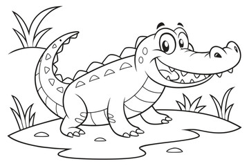 Coloring Pages, happy crocodile with a big smile, cartoon style, uncolored, for coloring book
