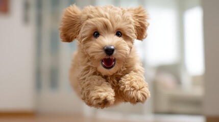 Playful puppy jumps in excitement in a cozy indoor space during daytime