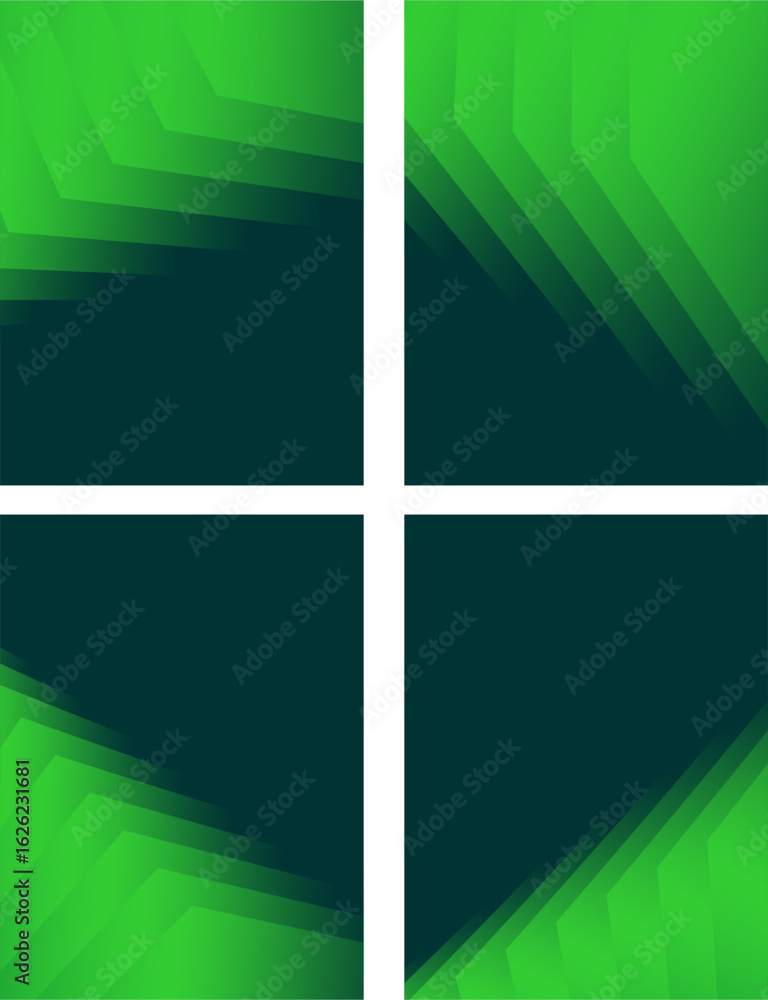 Poster abstract collection of four inspired geometric gradient vector patterns in green and dark blue.
