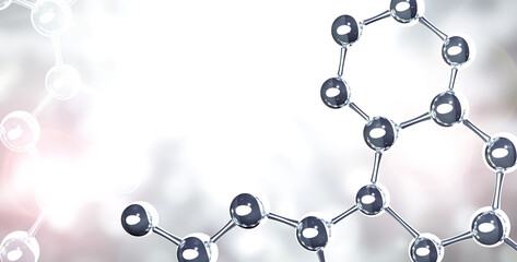 Vertical or horizontal banner with model of abstract molecular structure. Background of gray color with glass atom model. Copy space for your text. 3d render