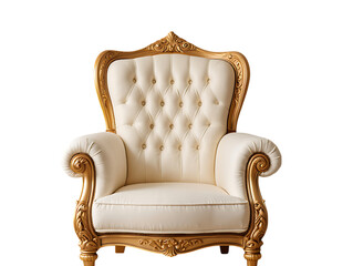 Png elegant white and gold armchair isolated on transparent background, a luxurious and vintage piece of furniture for a royal or classic interior design transparent background