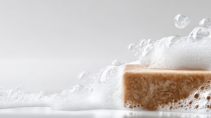 Soft foam surrounding a natural soap bar on a smooth surface in bright light