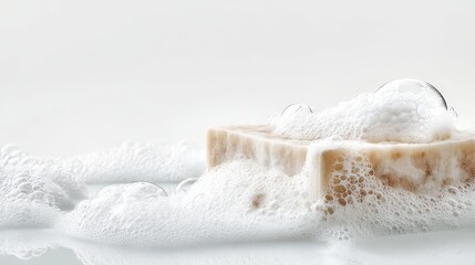 Natural soap bar creating bubbles in fresh, frothy water by light background