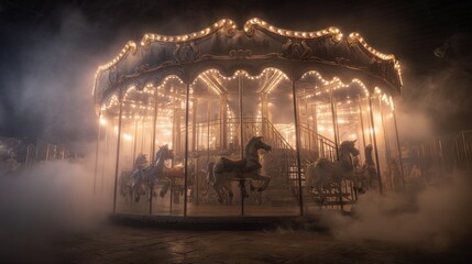 Mysterious carousel illuminated by soft lights amidst a foggy night
