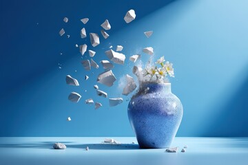Blue ceramic vase shattering with flowers in a vibrant blue setting