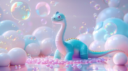 Fototapeta premium Cute dinosaur in a bubble-filled world