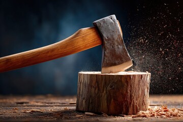 Chopping wood with an axe creates flying wood shavings in a dimly lit workshop