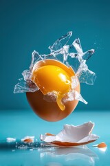 Egg shell explodes in mid-air with yolk spilling out against a colorful background