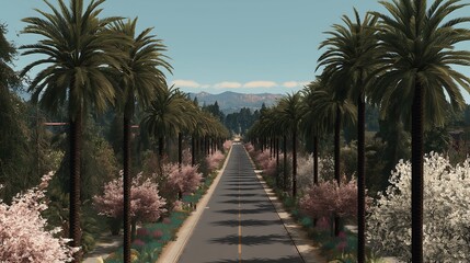 Palm tree lined street california scenic drive road trip travel destination vacation sunny day landscape view